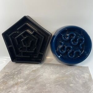 Boots & Barkley Slow Feeder Dog Bowls Set Black Pentagon Blue Round Maze Puzzle